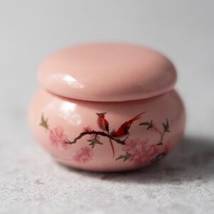 Pink birds floral dappen dish nail cup ceramic cream jar with lid 1.75" across